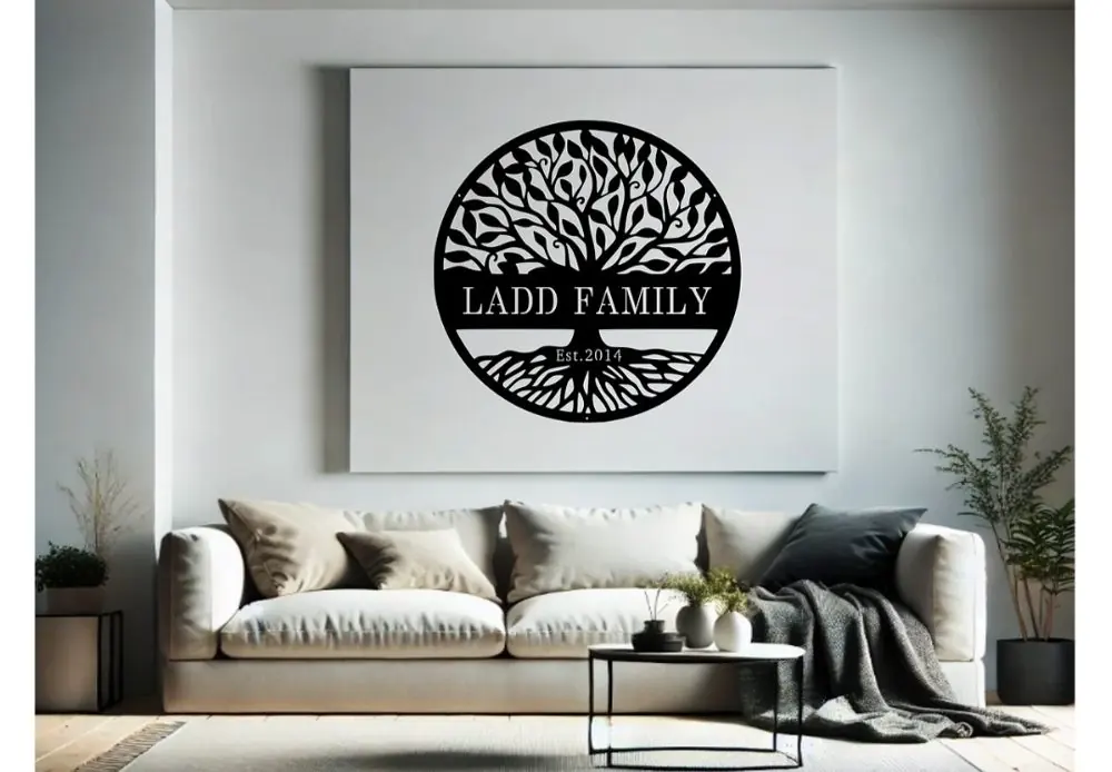 Family tree metal sign hanging on a living room wall